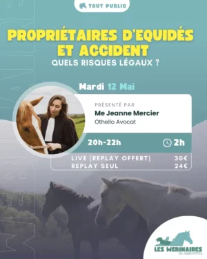 Qui est responsable si ton cheval cause un accident ? Et s'il te blesse ? Es-tu responsable si ton cheval blesse quelqu'un ? Et s'il casse du matériel ? Que dit la loi ? Me Jeanne Mercier, avocate, t'explique tout au droit équin ! 