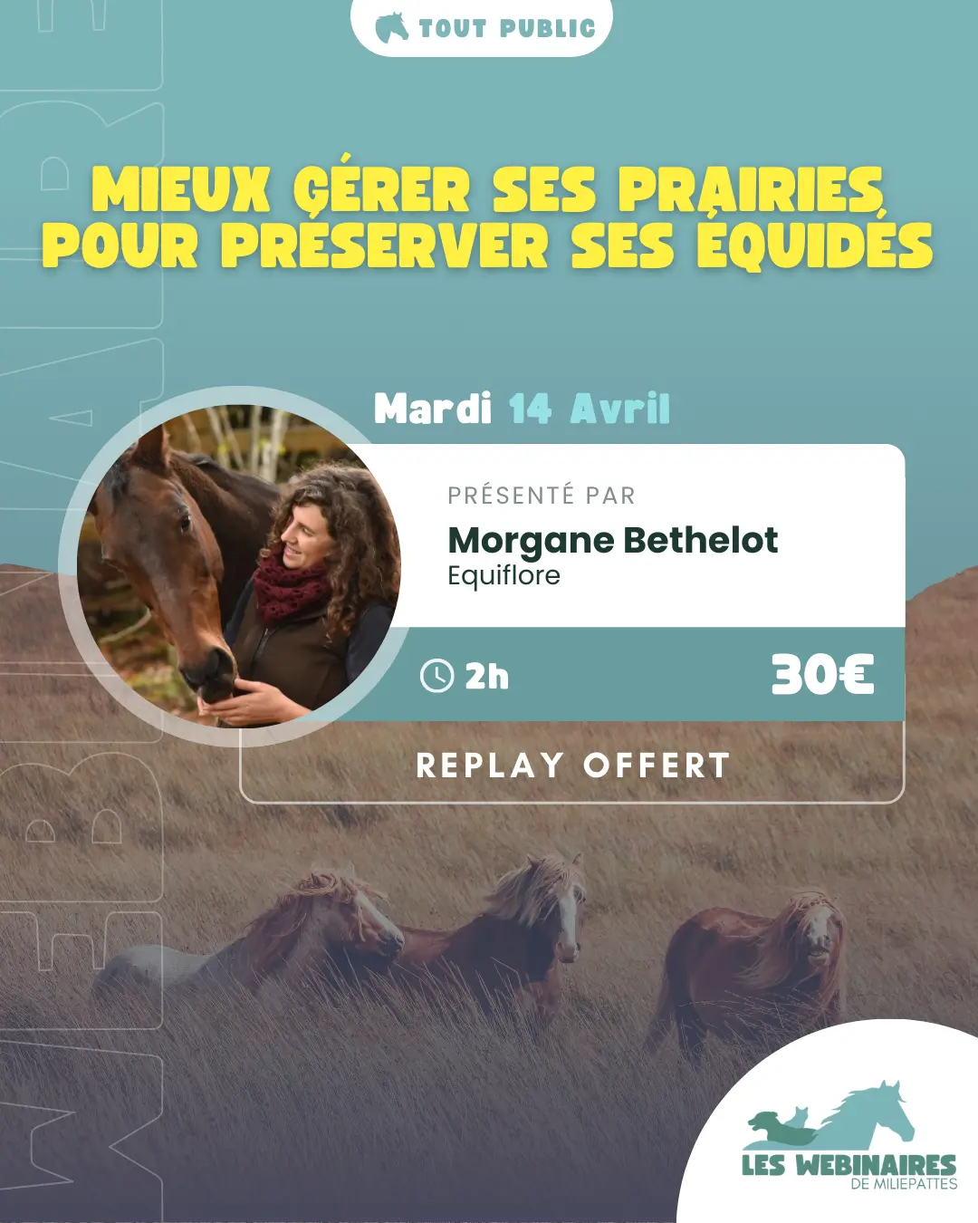Marre de voir tes prairies souffrir des sécheresses et pluies extrêmes ? Dans ce webinaire, découvre avec Morgane Bethelot (Equiflore) comment choisir les bonnes plantes, intégrer des haies fourragères et adapter ta gestion pour nourrir tes chevaux tout en préservant la biodiversité.