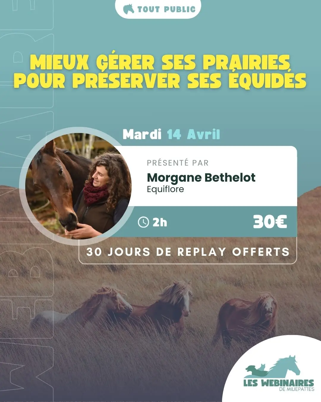 Marre de voir tes prairies souffrir des sécheresses et pluies extrêmes ? Dans ce webinaire, découvre avec Morgane Bethelot (Equiflore) comment choisir les bonnes plantes, intégrer des haies fourragères et adapter ta gestion pour nourrir tes chevaux tout en préservant la biodiversité.