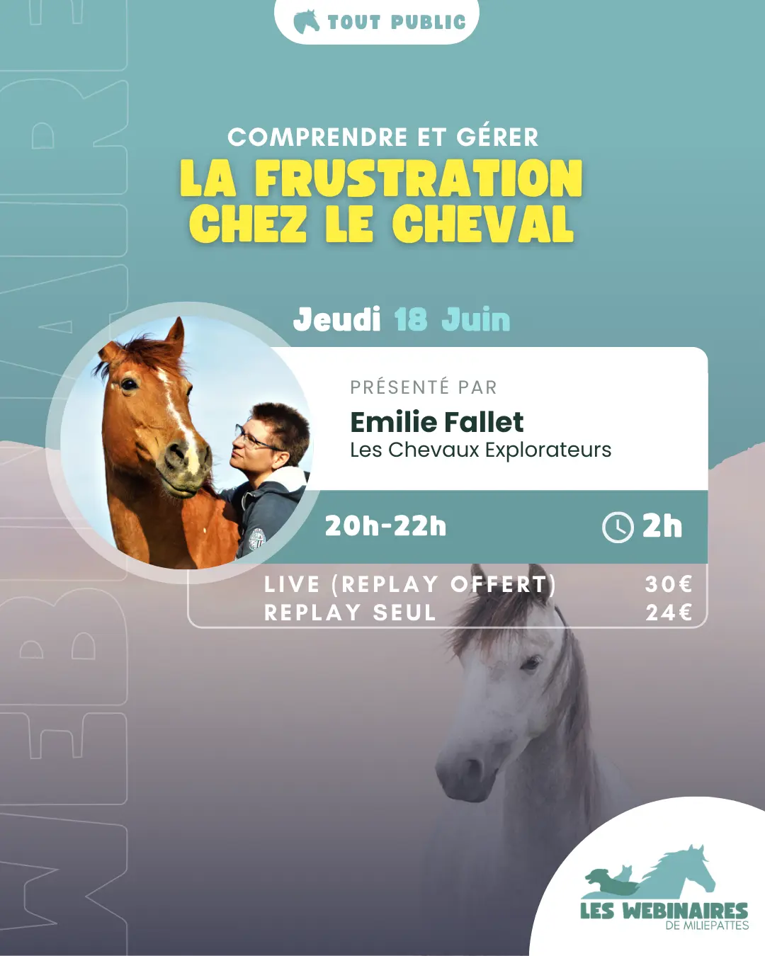 Tu veux utiliser la récompense alimentaire pour des séances plus agréables avec ton cheval… et pourtant il frustre ? La frustration n’est pas une fatalité : ce webinaire t’apprend à comprendre ses réactions, identifier les vraies causes et transformer vos séances en moments calmes et constructifs