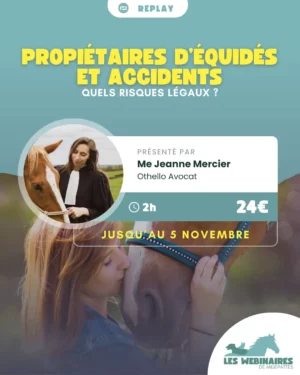 Qui est responsable si ton cheval cause un accident ? Et s'il te blesse ? Es-tu responsable si ton cheval blesse quelqu'un ? Et s'il casse du matériel ? Que dit la loi ? Me Jeanne Mercier, avocate, t'explique tout au droit équin !