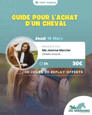 Acheter un cheval, c'est un rêve qui peut très rapidement se transformer en cauchemar. Les vices cachés, les problèmes de papiers, etc. Me Jeanne Mercier te livre le guide légal pour l'achat d'un cheval.
